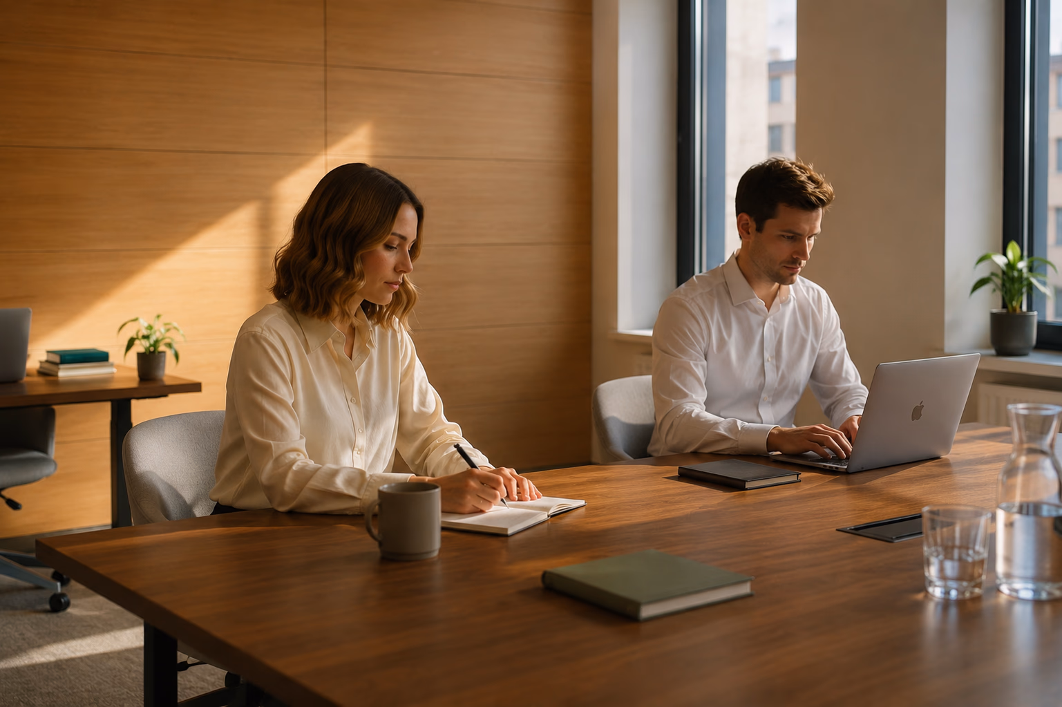 Two colleagues discussing tender opportunities at a laptop